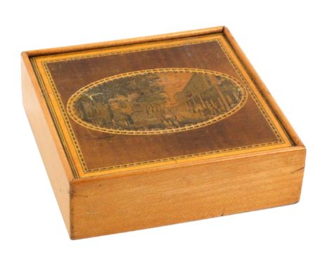 A white wood inlaid and print decorated Tunbridge ware playing card box, probably Thomas Wise, of square form, plain sides, t