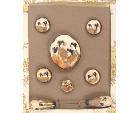 Buttons etc., a carded display of Satsuma ceramic pieces, comprising a set of four buttons, 2.1cms, another hexagonal, a quat