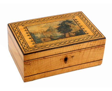 A white wood paint and print decorated Tunbridge ware rectangular box, by Morris, the sides with line painted decoration, the