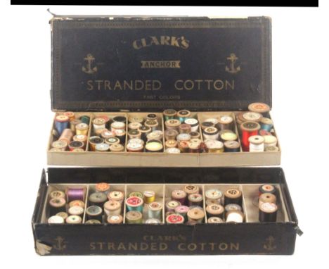 One hundred and twenty wooden cotton and other reels, most with decorative labels contained in a vintage cardboard box with t