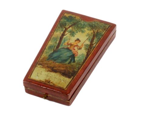 A French painted wooden etui, circa 1890, of rectangular section and tapering form, the lid painted in polychrome with a youn