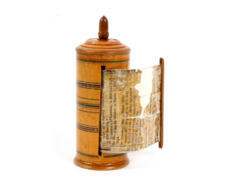 A white wood paint decorated Tunbridge ware scroll holder, the ring painted cylinder body containing a printed scroll 'From T