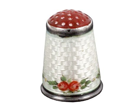 A Norwegian silver and enamel carnelian top thimble by David Anderson, white basse-taille ground with a border of twin roses 