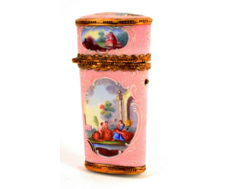 A late 18th Century style enamel sewing etui, probably Samson of Paris, of oval section and tapering form, the pink ground ov