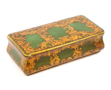 A Scottish sycamore snuff box by Smith, Mauchline, wooden hinge, the lid and inward curving sides in elaborate gilt leaf scro