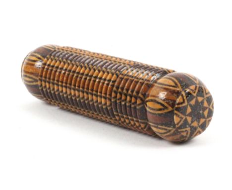 A rare Tunbridge ware crochet cylinder, in turned stick ware, the rib turned body with bulbous ends, the interior with turned