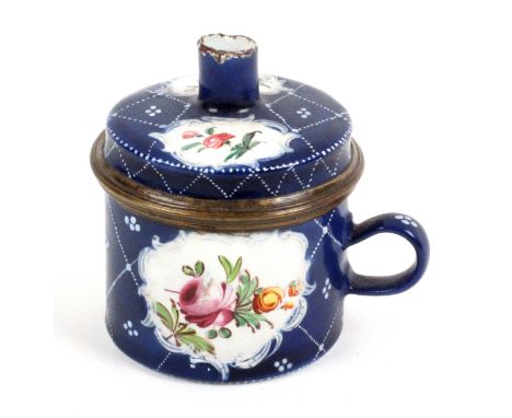 A late 18th Century English enamel Bougie box or wax jack, of drum form with side handle, cover and spout, the blue ground wi