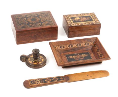 Tunbridge ware - five pieces, comprising a rectangular mahogany pin or counter tray, the centre with a mosaic panel of a butt