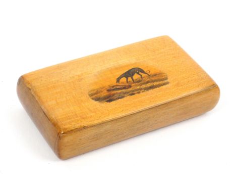 A Scottish sycamore snuff box, by Sliman,&nbsp; wooden hinge, rectangular, the lid in pen work and colour with a whippet look