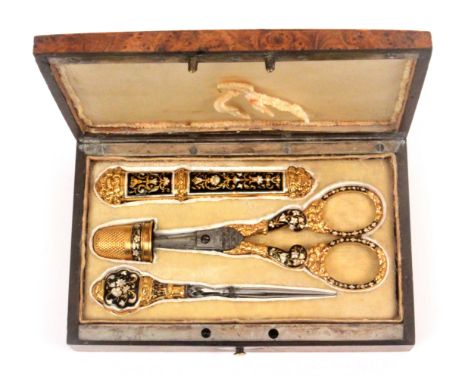 A fine gold and enamel Palais Royal sewing set in wooden case, circa 1830, the rectangular burr yew box with canted lid risin