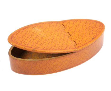 A Scottish sycamore snuff box, wooden hinge, of pointed oval form decorated all over in red sponge work within red parameter 