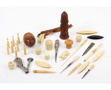 A mixed lot, sewing, including a bone crochet hook with China man finial, 17cms, a carved wood Tyrolean sewing companion cont