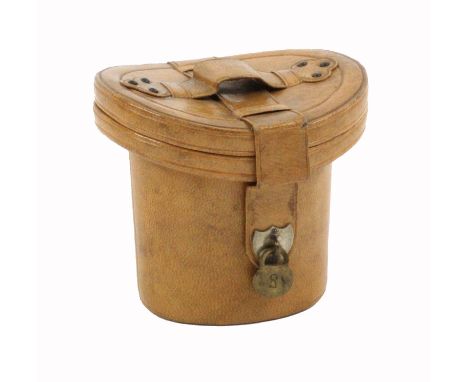 An unusual leather sewing companion in the form of a top hat case with carrying handle and padlock clasp, probably French cir