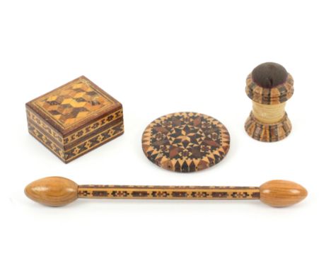 Tunbridge ware, sewing, four pieces, comprising a stick ware pin disc, 4.6cms, a stick ware combination waxer / pin cushion, 