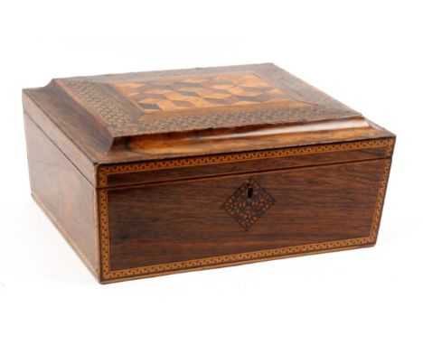 A rosewood Tunbridge ware sewing box, of sarcophagol form, the lid with a panel of cube work within a stick ware border and c