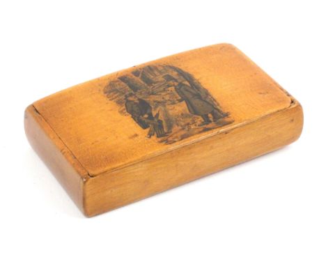 A Scottish sycamore snuff box, by Johnson, wooden hinge, rectangular, the lid with transfer of a man with an umbrella making 