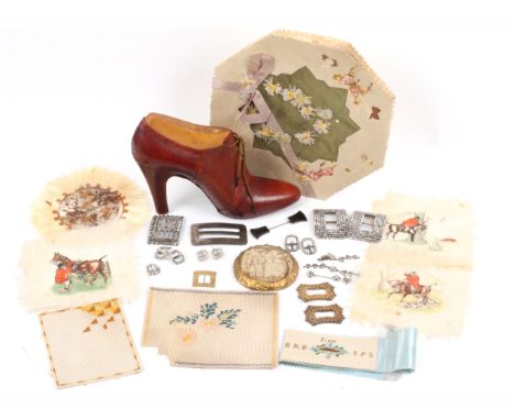 A mixed lot, comprising an Edwardian brown leather high heeled lady's shoe with wooden tree, probably for window display, 22c