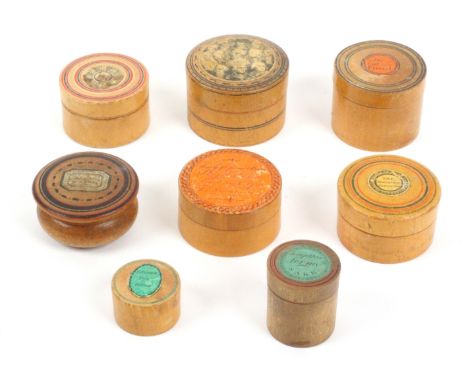 Eight white wood paint and plain, print and label decorated Tunbridge ware cylinder boxes, comprising 'The Gift of a Friend',