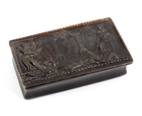 A French horn Masonic snuff box, of rectangular form with inward curving sides, the pressed lid with architectural and masoni