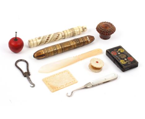 A mixed lot, sewing, comprising a bone cylinder needle case with Stanhope (6v Memory of Stratford-On-Avon), 10cms, a straw wo