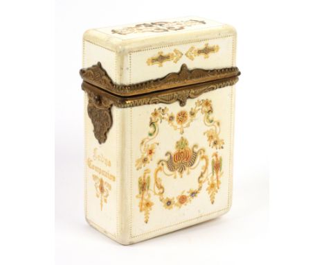 A French white lac and colour gilt tooled Lady's Companion, circa 1860, fancy gilt brass hinge mount and catch with flowering