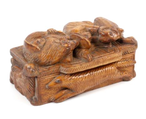 A Scottish 'blind man' deep carved sycamore snuff box, wooden hinge, the lid with two shepherds, one with sheep over his shou