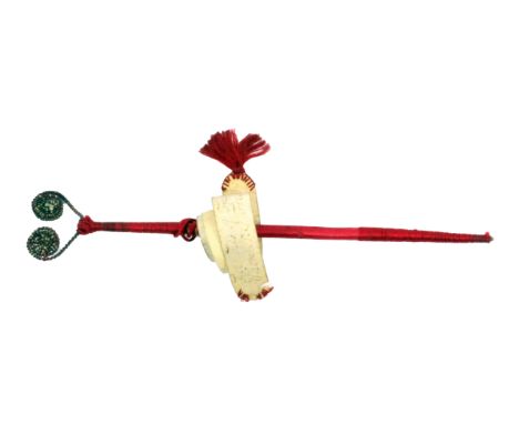A rare mourning or funeral stick, 18th Century, bound in red silk cord rising to a wire work and silk pair of coils, attached