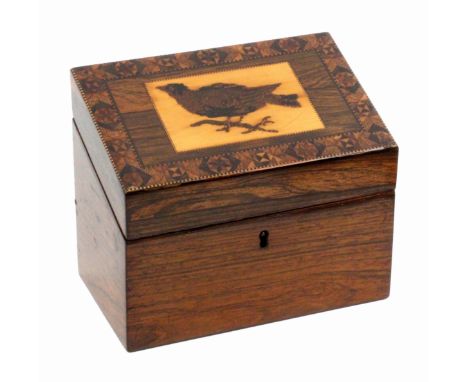 A Tunbridge ware rosewood stationery box, of rectangular form, the sloping lid within an inset mosaic panel of a bird within 