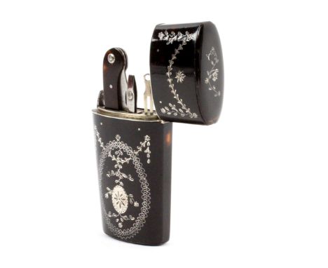 A late 18th Century tortoiseshell and silver inlaid travelling etui, of near oval section and tapering form, the two broad si