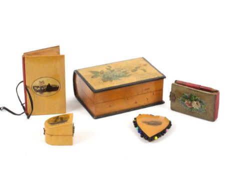 Mauchline ware, five pieces, comprising a book form reel box (colour floral print / From a Friend …..), reel spikes lacking, 