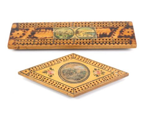 Two white wood paint and print decorated Tunbridge ware cribbage boards, comprising a diamond form example with a circular co