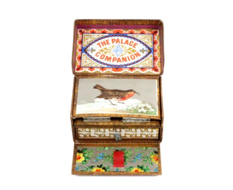 A cardboard, scrap and decorative paper needle packet box, labelled to the lid interior 'The Palace Companion', around diamon