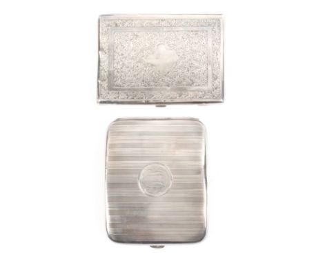 A rectangular engraved silver visiting card case, one side with vacant cartouche, Birmingham 1888 by maker 'CC', 10.2cms and 