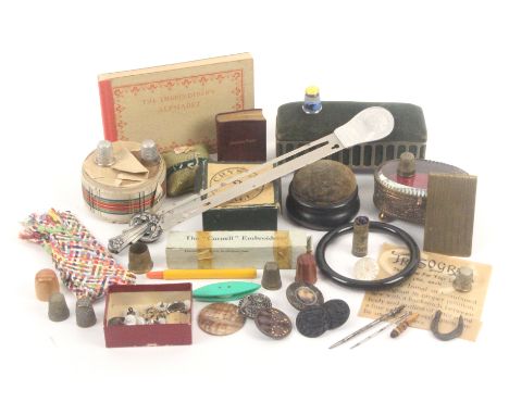 A mixed lot - sewing, including bodkins, buttons, sundry bone tools, modern thimbles, glazed top oval trinket box, rectangula