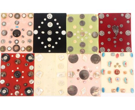 Buttons, sixteen cards, seven glass, one ceramic, including three small satsuma, four pearl, one horn, one steel, one metal t