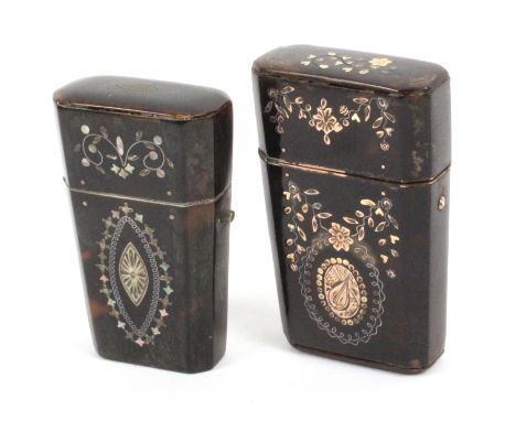 Two inlaid tortoiseshell scent containers, both of canted rectangular section and tapering form, one inlaid in gold and silve