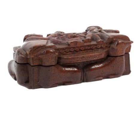 A Scottish 'blind man' deep carved mahogany snuff box, brass hinges, the lid with two men seated either side of a woman, one 