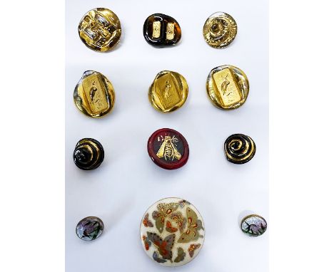 Nine Bimini glass buttons and three others, the Bimini examples all with marked brass back plates and variant plant pot marks