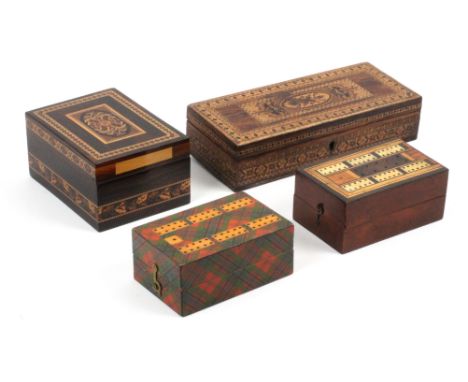 Two Tunbridge ware boxes and two others, comprising a rectangular rosewood box with unusual mixed mosaic and stick ware panel