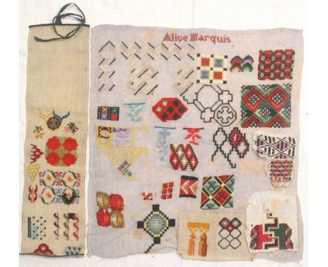 Two wool work spot samplers and a cotton educational 'dress' form sampler, comprising a spot sampler named for 'Alice Marquis