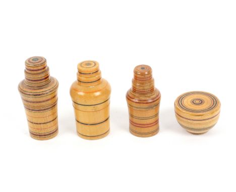 Three white wood paint decorated Tunbridge ware scent bottle cases and a salve pot, all with ring painted decoration, each sc