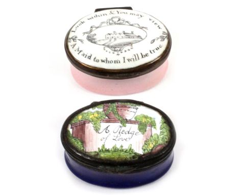 Two 19th Century oval enamel boxes, comprising a pink English example, the white lid with a ribbon tied oval enclosing a view