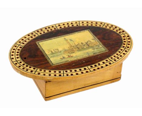 A white wood paint and print decorated Tunbridge ware oval cribbage board on box base, the top in simulated rosewood with a r