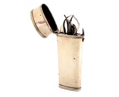 A late 18th Century silver travelling etui, of plain oval section and tapering form, unmarked, the tools comprising a silver 