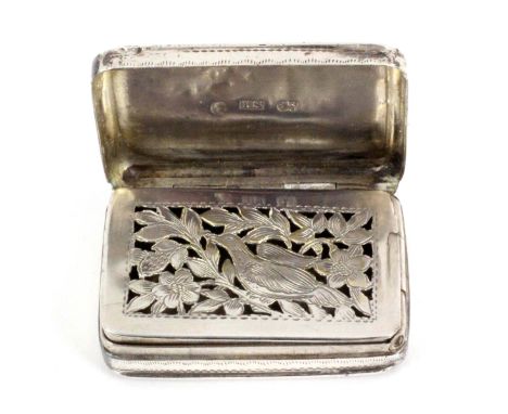 A Georgian silver vinaigrette, of rectangular form with engraved and engine turned decoration, the hinged interior grille pie