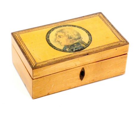 A small white wood print and inlaid Tunbridge ware writing box, of rectangular form, plain sides, the front with inlaid point