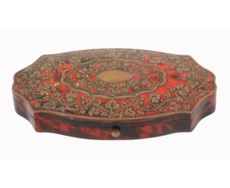 A French 'Boulle' cased etui, circa 1850, the case of serpentine outline in tortoiseshell lac, the lid with engraved cut bras