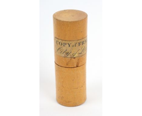 A white wood labelled Tunbridge ware cylinder box labelled 'Copy of Freedom City of London', the vellum scroll to 'Robert Til