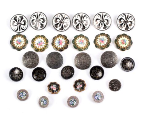 Buttons, a useful selection, comprising a set of six French floral enamels, 2.8cms, another pair, 2.1cms, a set of four flora