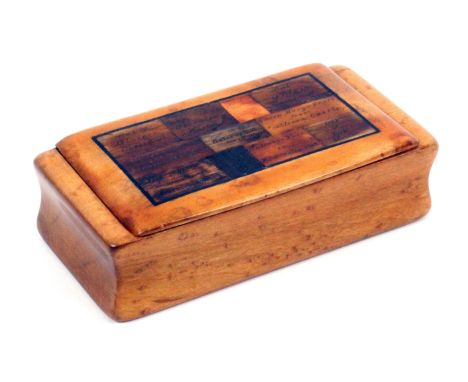 A Scottish burr sycamore 'specimen woods' snuff box by Stiven, wooden hinge, the lid with eleven rectangles of various woods,